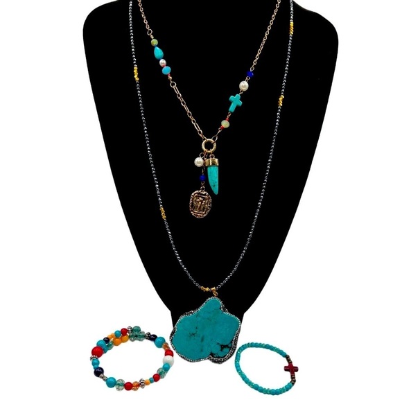 Boho Chic Faux Turquoise Statement Necklace & Bracelet Set - Picture 1 of 9